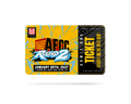 A stylized event ticket for 'Action Figure Comic Con 2025' featuring a bright yellow and black design with blue and white graphic text, shown on a clean white background with a soft drop shadow.
