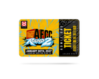 A stylized event ticket for 'Action Figure Comic Con 2025' featuring a bright yellow and black design with blue and white graphic text, shown on a clean white background with a soft drop shadow.