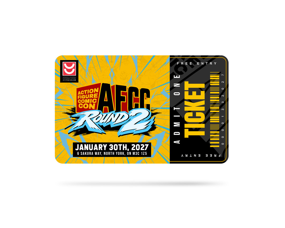 A stylized event ticket for 'Action Figure Comic Con 2025' featuring a bright yellow and black design with blue and white graphic text, shown on a clean white background with a soft drop shadow.